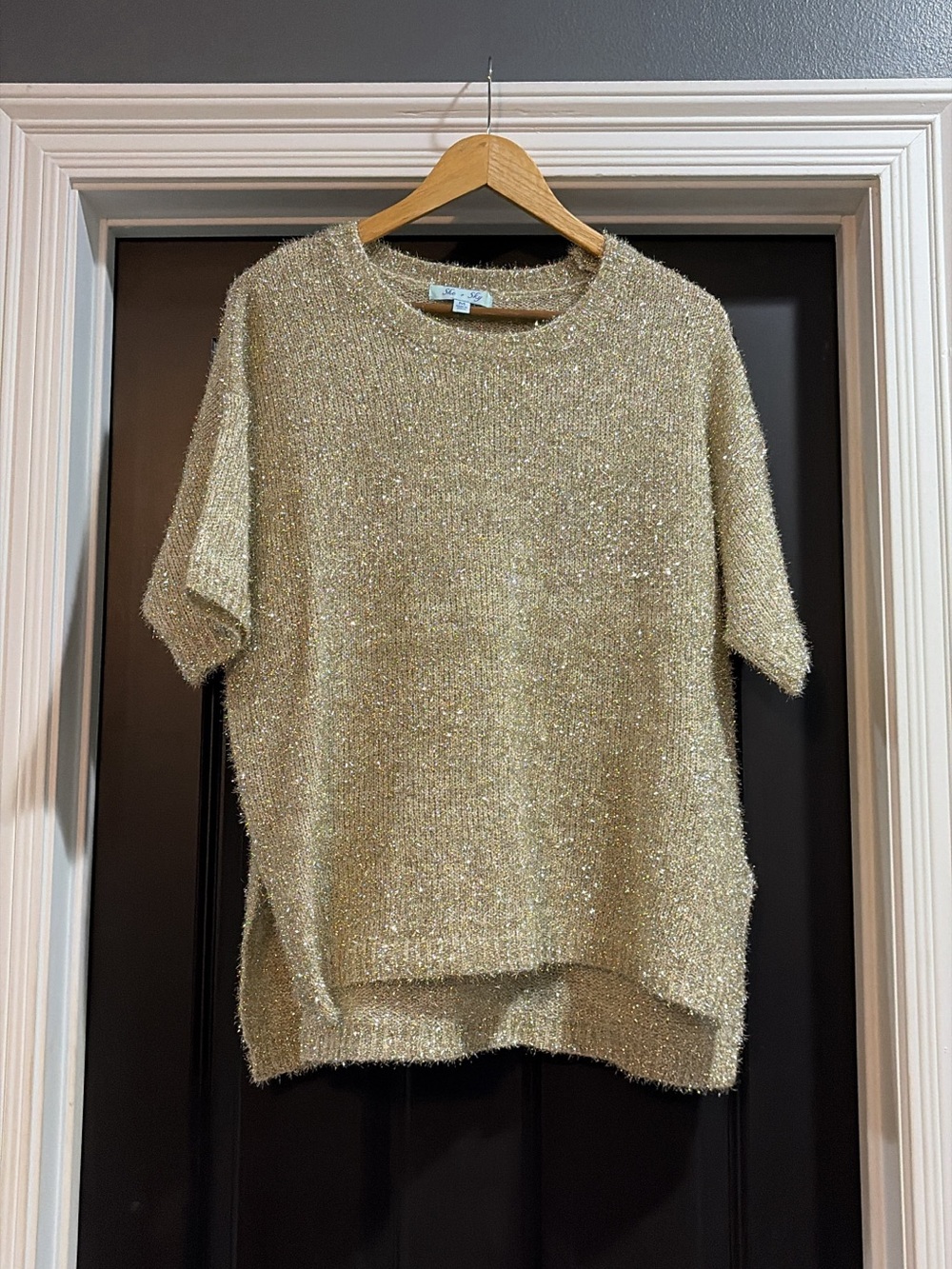 She and Sky Shimmery Gold Short-Sleeve Crewneck Sweater